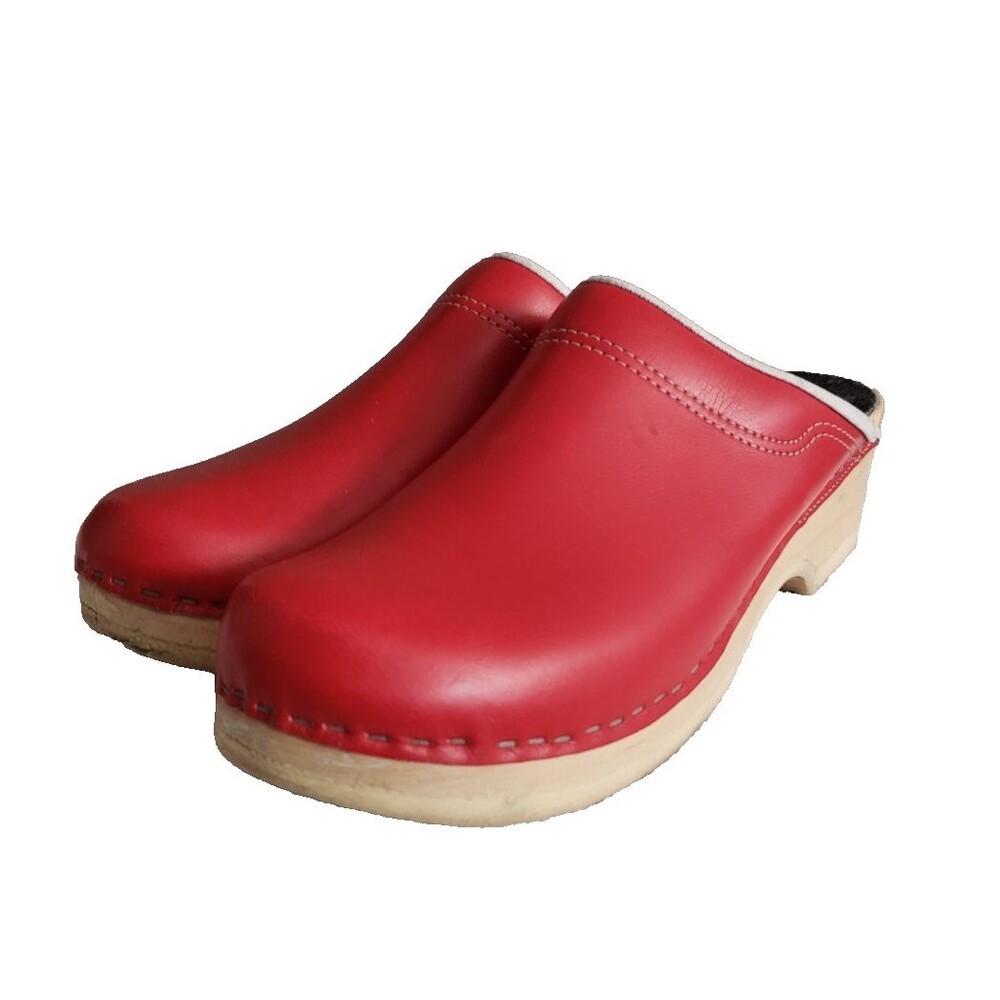 Red Leather Clog Mules - Classic Slip-On